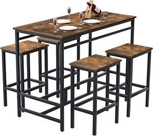 5-Piece Dining Table Set Wood and Metal Kitchen Pub Table w/ 4 Bar Stools Brown