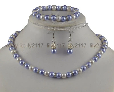 Beautiful 8MM Purple White Shell Pearl Round Necklace Earrings Bracelet Set 18'' - Image 1 of 4