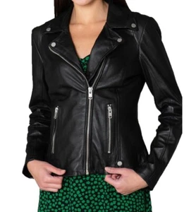 Jacket Leather Lambskin Women's Biker Genuine Real Black Slim Coat Motorcycle - Picture 1 of 9