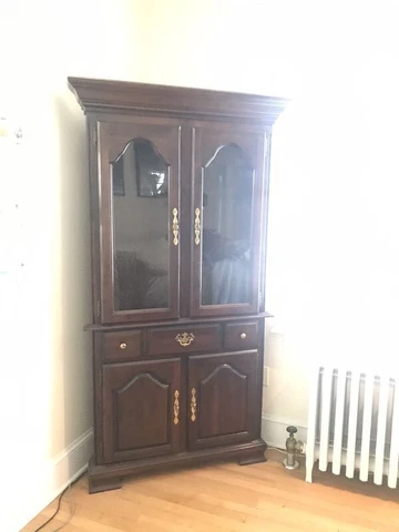 Dark solid wood corner wedged china cabinet original family owners display case Cover
