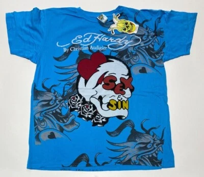 Auténtica Nueva Camiseta De Colección Para Hombre Ed Hardy Sexo/Pecado Turquesa M Foto 1 de 3