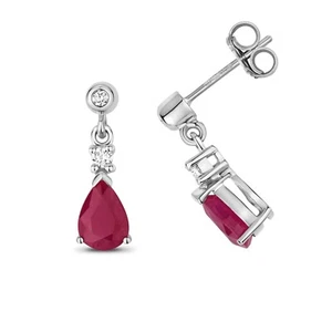 Ruby and Diamond Earrings 9ct White Gold Teardrop Pear Drops - Picture 1 of 2