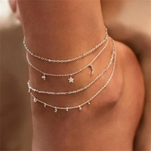 Para mujeres Moda Joyería Oro Luna Estrellas 4 Capas Tobillo Pulsera 1-323 - Imagen 1 de 7