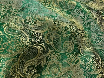 KELLY GREEN GOLD  Paisley Metallic Brocade Fabric 60” Width Sold By The Yard - Image 1 of 4