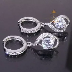 Moissanite Drop/Dangle Earrings Round Cut 2.50 CT Solid 14K White Gold For Her - Picture 1 of 8