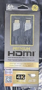 GE~6ft~HDMI Cable~WITH INTERNET~ULTRA HD 4K~18gbs~Gold Leads~New In Box - Picture 1 of 2