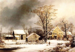 Winter Farm in Winter Man Dog by George Durrie vintage art - Picture 1 of 1