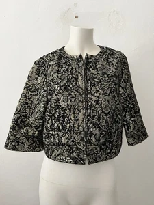 Georgiou Studio Black Gold floral Jacquard Jacket size 10 Cropped 3/4 sleeve zip - Picture 1 of 9