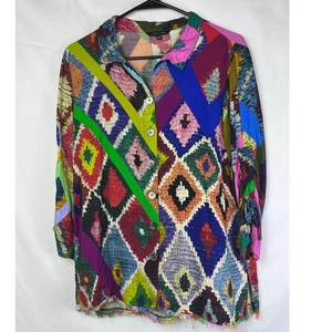 John Mark Damen Bluse klein mehrfarbig Knopfleiste 3/4 Ärmel Boho Chic - Bild 1 von 9