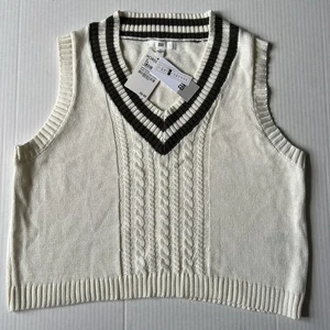 BP Nordstrom Sz M Sweater Vest Womens Ivory Olive Cable Knit Preppy Stripe NWT - Picture 1 of 6