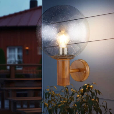 Wandlampe Außenleuchte Gartenlampe Holzoptik Haustürlampe Glaskugel H 37 cm - Bild 1 von 4