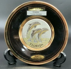 Vintage Delfine The Art of Chokin 24K Goldkante schwarze Platte 4-1/4 Zoll Durchmesser Japan - Bild 1 von 9