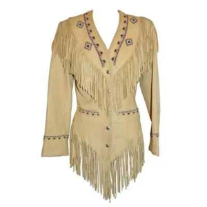 100% Native American Western Women's Cowhide Leather Jacket with Fringe & Beaded - Picture 1 of 7