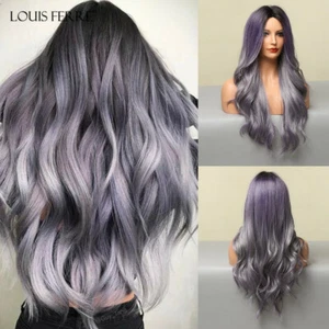Cosplay Party Long Wavy Purple Mixed Silver Hair Wigs with Highlights for Women - Picture 1 of 8