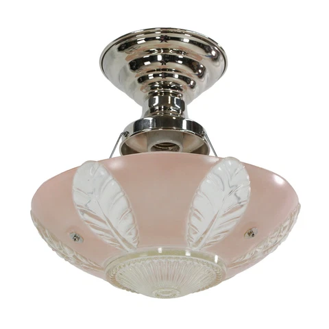 1940s Pink & Clear Leaf Glass Semi Flush Dome Light Cover
