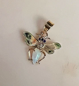 Antique 14k Yellow Gold Opal Diamond Enamel Dragonfly Bug Insect Charm Pendant - Picture 1 of 4