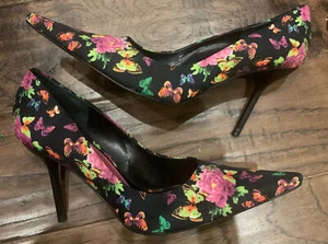 BCBGirls Leather Heels Floral Black Butterfly Size 9 - Picture 1 of 9