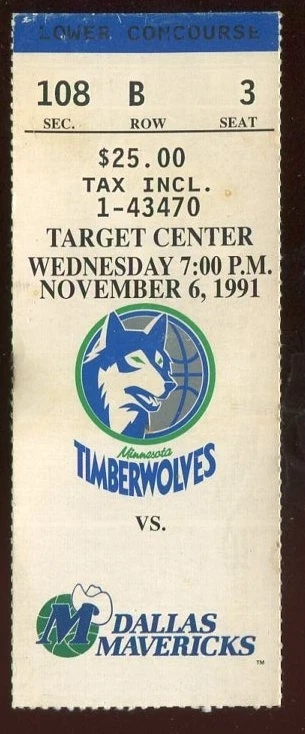 Ticket Basketball Minnesota Timberwolves 1991 - 92 11/6 Dallas Mavericks - Image 1 of 1