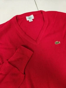 Vintage Izod Lacoste V Neck Sweater Mens L Red Orlon Acrylic Pullover Made USA - Picture 1 of 6