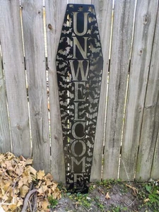 Unwelcome sign, Coffin shape, 42" tall, Halloween decoration, durable steel - Picture 1 of 9