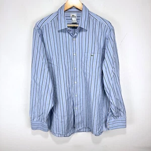 Lacoste Button Shirt Men Size 44 XL Blue Black Striped Pocket 100% Cotton - Picture 1 of 9