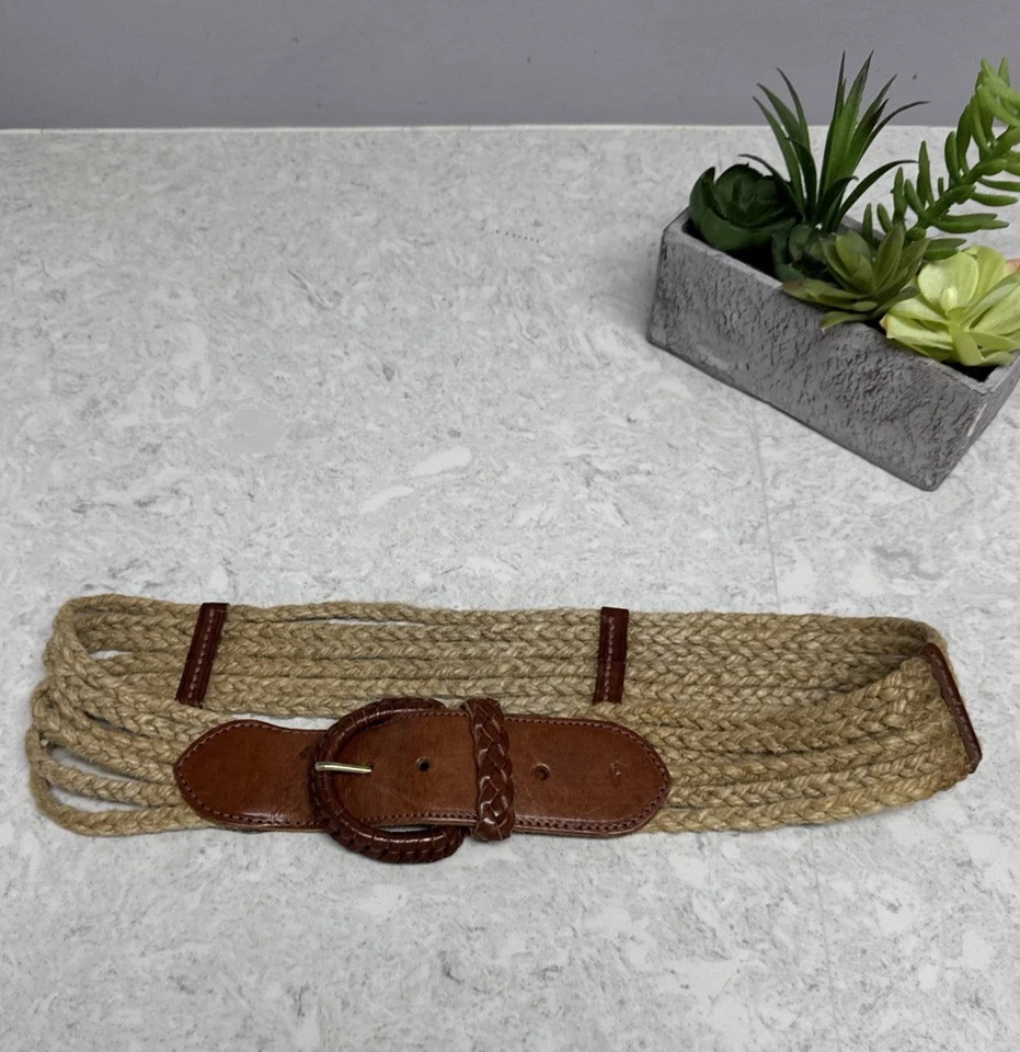 Women  RALPH LAUREN BRAIDED light brown ROPE LEATHER TRIM DECO BELT  30-32” - Image 1 of 4