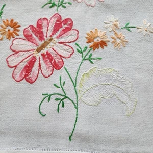 Vintage Handmade Embroidered Flowers Bouquet Red Table Runner Floral Stains - Picture 1 of 12
