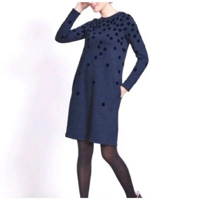 BODEN Cotton Flocked Knit Navy Blue Velvet Polka Dot Long Sleeve Dress Size 14 - Image 1 of 4