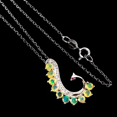 AAA RAINBOW FIRE OPAL NECKLACE W/WHITE CZ ACCENTS 925 STERLING SILVER 14K WGP 18 - Image 1 of 3