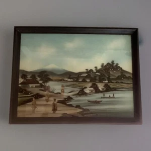 Peinture Fixée Sous Verre Animée Photo Nacre Début 1900 Mont Fuji Japon - Picture 1 of 8