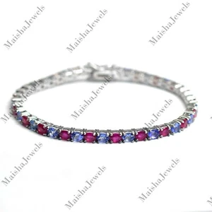 Natural Ruby & Tanzanite Gemstone 925 Solid Silver Women Jewelry Tennis Bracelet - Picture 1 of 4