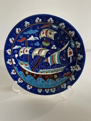 Vintage Turkish Pottery Wall Plate Ahmet  Kutahya Ship Sails Waves Maritime 18cm - Image 1 of 4