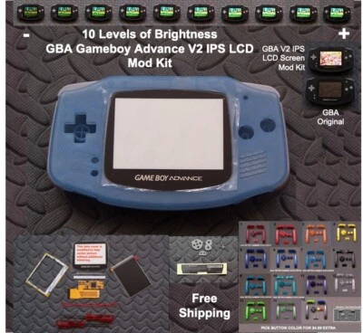 10 Level Brightness GBA V2 IPS LCD Mod Kit w/glass lens - Glow in the Dark Blue - Image 1 of 4