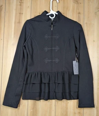 KUT from the Kloth Zip Up Jacket Military Cardigan Sheer Ruffles Small Black NWT - Image 1 of 4