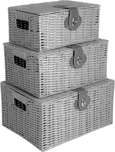 Set 3 Storage Resin Wicker Baskets Hamper Stackable Woven Lock Lid Box Grey - Picture 1 of 4