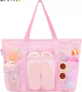 Mesh Beach Bag with Zipper Large Beach Tote Waterproof Sandproof with 8 Pockets - Picture 1 of 7