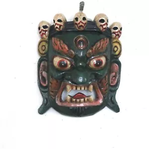 Green Mahakala Wood Mask Tibetan Wall Art Decor - Picture 1 of 5