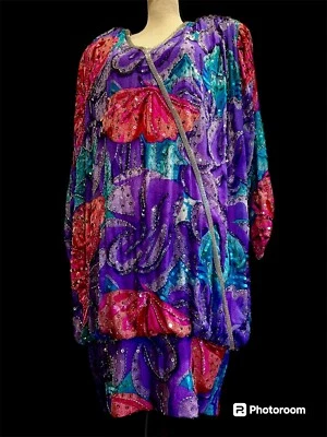 VINTAGE 80’s Judith Ann Creations  Colorful Sequined Silk Blouson Dress Sz L - Image 1 of 4