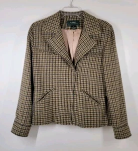 Lauren Ralph Lauren Tan Check Plaid 100% Wool Plaid Zip Blazer Jacket Women 10 - Picture 1 of 5