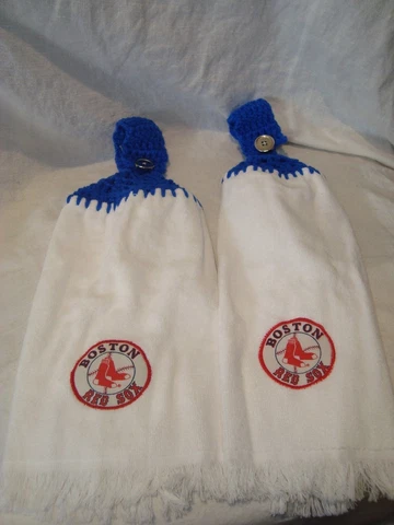 Boston Red Sox Set of 2 Crochet Handmade Kitchen Hand Fridge Golf Bar Towels NEW Cover