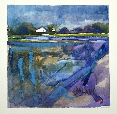 J R Baldini Miniature Watercolor Painting 3x3” Plein Air Impressionist Scene - Image 1 of 4