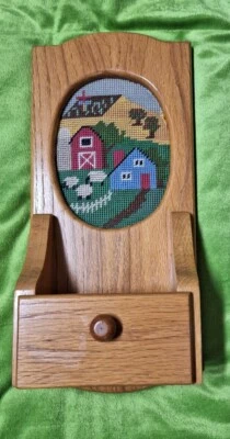 Handmade Rustic Primitive Farmhouse Wooden Shelf Drawer Cupboard w/Crosstitch 92 - Image 1 of 4