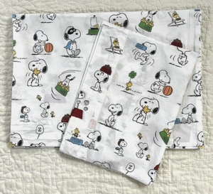 2 pc Pottery Barn Toddler Peanuts Snoopy Flat Sheet Pillowcase Sports Woodstock - Picture 1 of 5