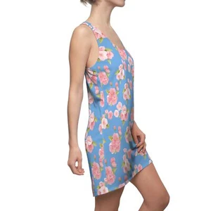 Light Blue and Pink Floral Flowers Women's Cut & Sew Racerback Dress - Picture 1 of 43