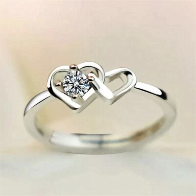 Double Heart Linked Adjustable Ring 925 Sterling Sliver Women Girls Jewellery UK - Image 1 of 4