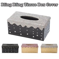 Shiny Crystals PU Leather Tissue Box Paper Holder Case Cover For Home Car