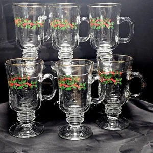 6 Libbey Holly Ribbons Irish Coffee Gläser 5,5" Weihnachten Latte Hot Cocoa Vintage  - Bild 1 von 10