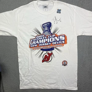 VTG New jersey Devils T-Shirt Stanley Cup Champions White Lee Sports Signed Sz M - Picture 1 of 13