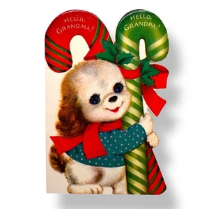 Vintage 1960s Greeting Card Grandma Grandpa Christmas Signed Norcross Dog Puppy - Picture 1 of 3