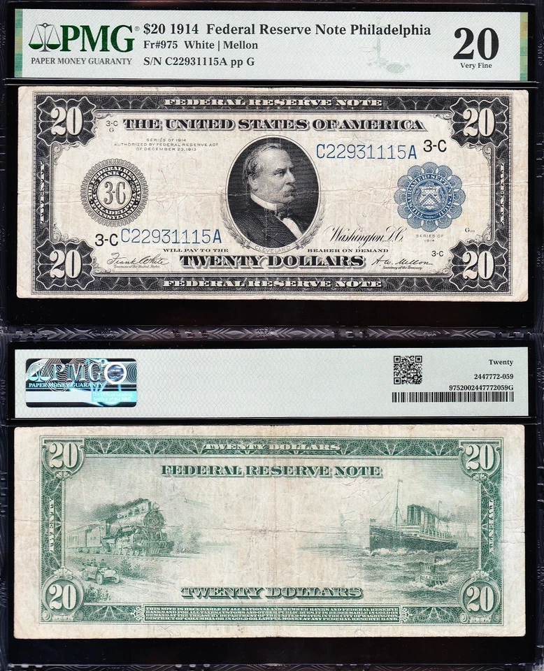 VERY NICE Bold & Crisp VF 1914 $20 PHILADELPHIA Federal Reserve Note! PMG 20! - Image 1 of 3